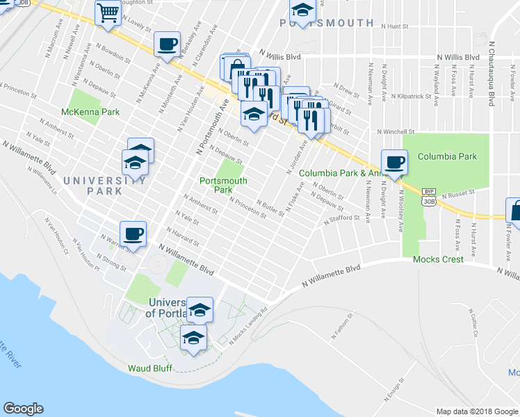 map of restaurants, bars, coffee shops, grocery stores, and more near 7100 North Haven Avenue in Portland