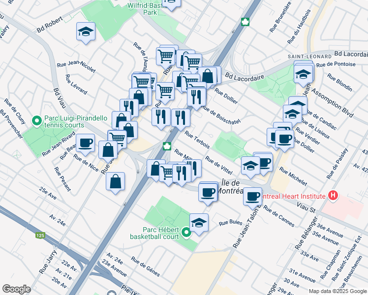 map of restaurants, bars, coffee shops, grocery stores, and more near in Montreal