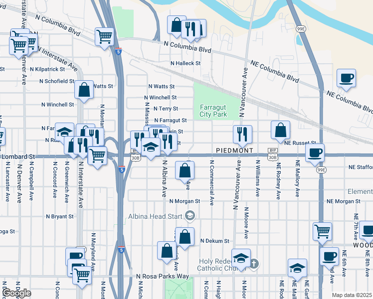 map of restaurants, bars, coffee shops, grocery stores, and more near 7511 North Kerby Avenue in Portland