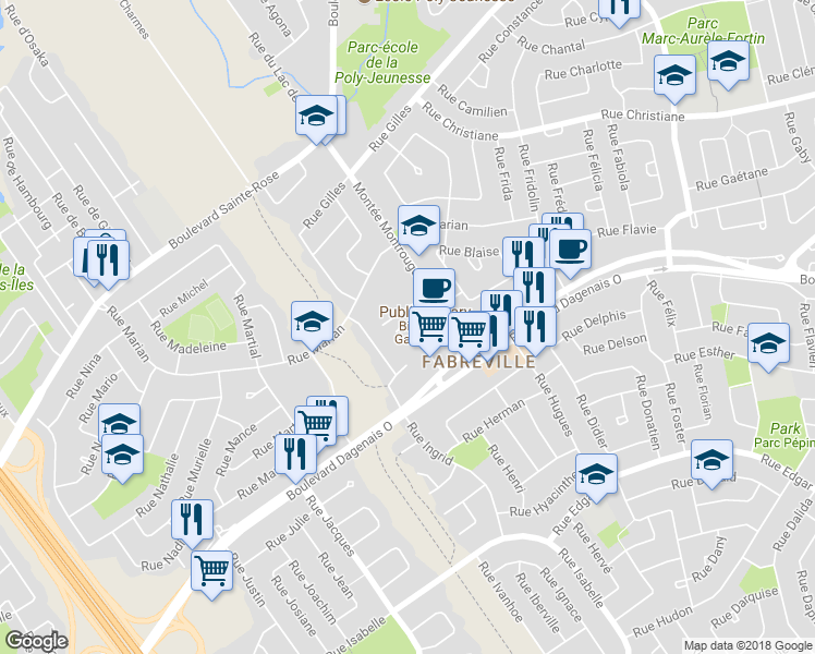 map of restaurants, bars, coffee shops, grocery stores, and more near 582 Montée Montrougeau in Laval