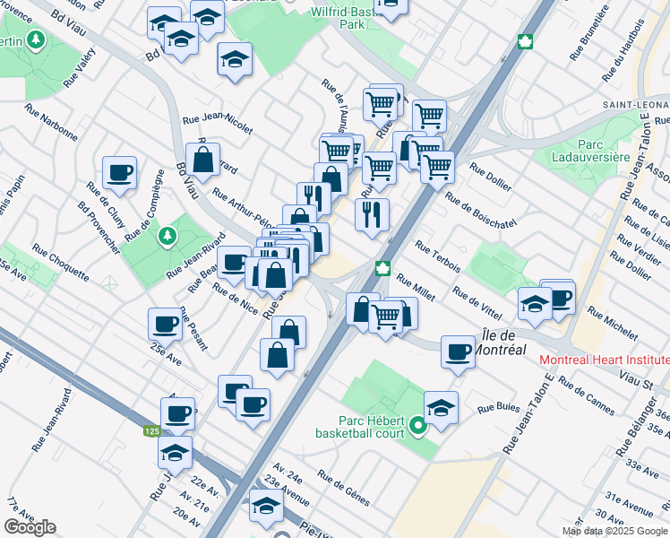 map of restaurants, bars, coffee shops, grocery stores, and more near 4755 Boulevard Métropolitain East in Montreal