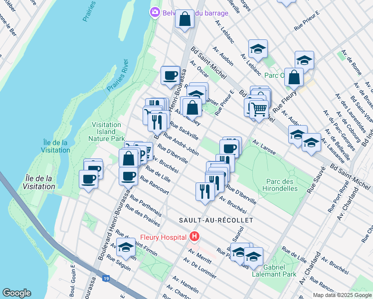 map of restaurants, bars, coffee shops, grocery stores, and more near 10542 Rue André-Jobin in Montréal