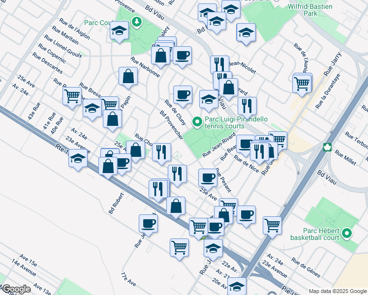 map of restaurants, bars, coffee shops, grocery stores, and more near 8432 Boulevard Provencher in Montréal