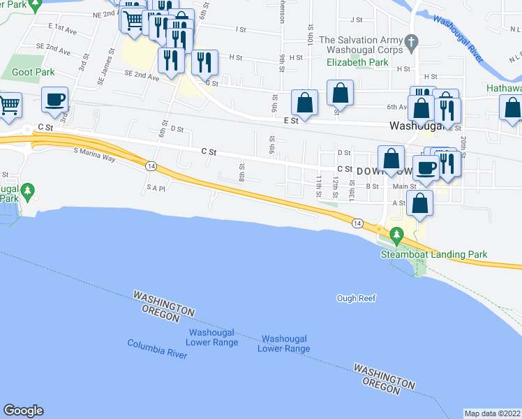 map of restaurants, bars, coffee shops, grocery stores, and more near 842 South A Street in Washougal
