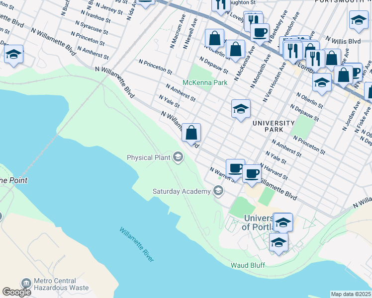map of restaurants, bars, coffee shops, grocery stores, and more near 5924 North Willamette Lane in Portland