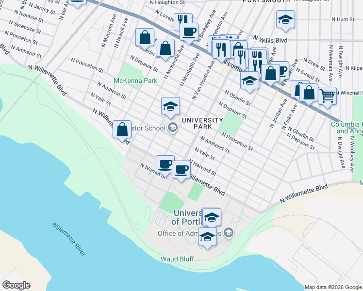 map of restaurants, bars, coffee shops, grocery stores, and more near 5330 North Yale Street in Portland