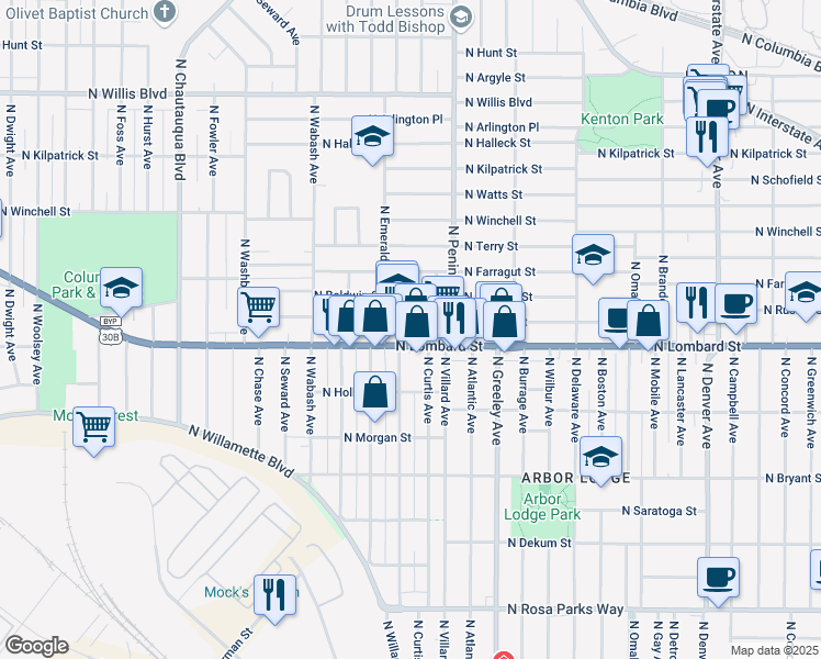 map of restaurants, bars, coffee shops, grocery stores, and more near 7520 North Drummond Avenue in Portland