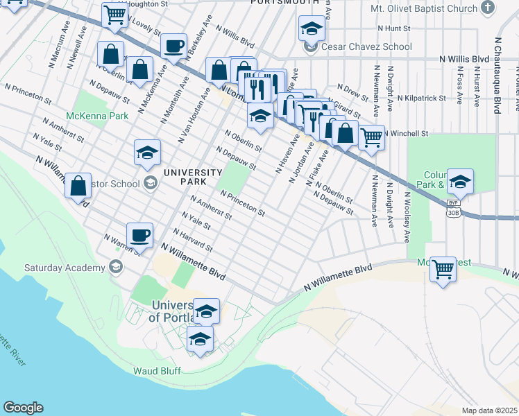 map of restaurants, bars, coffee shops, grocery stores, and more near 7106 North Haven Avenue in Portland