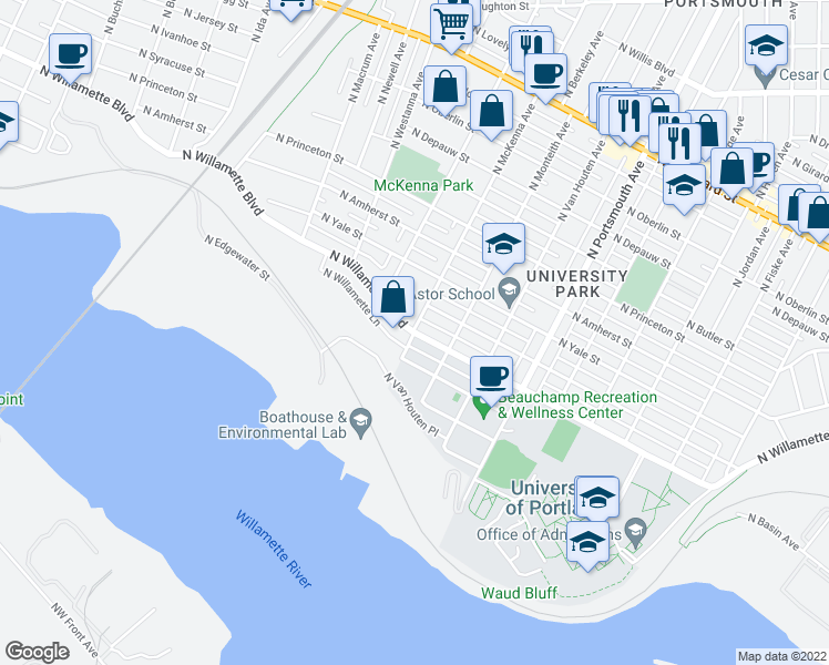 map of restaurants, bars, coffee shops, grocery stores, and more near N Willamette Blvd & N McKenna Ave in Portland