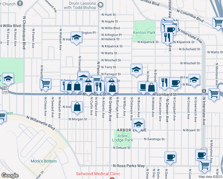 map of restaurants, bars, coffee shops, grocery stores, and more near 2720 North Russet Street in Portland