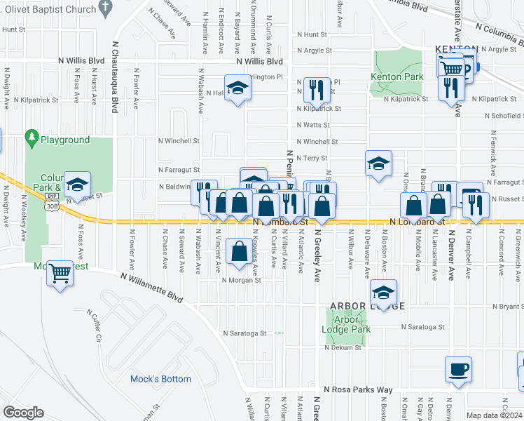 map of restaurants, bars, coffee shops, grocery stores, and more near 7520 North Drummond Avenue in Portland