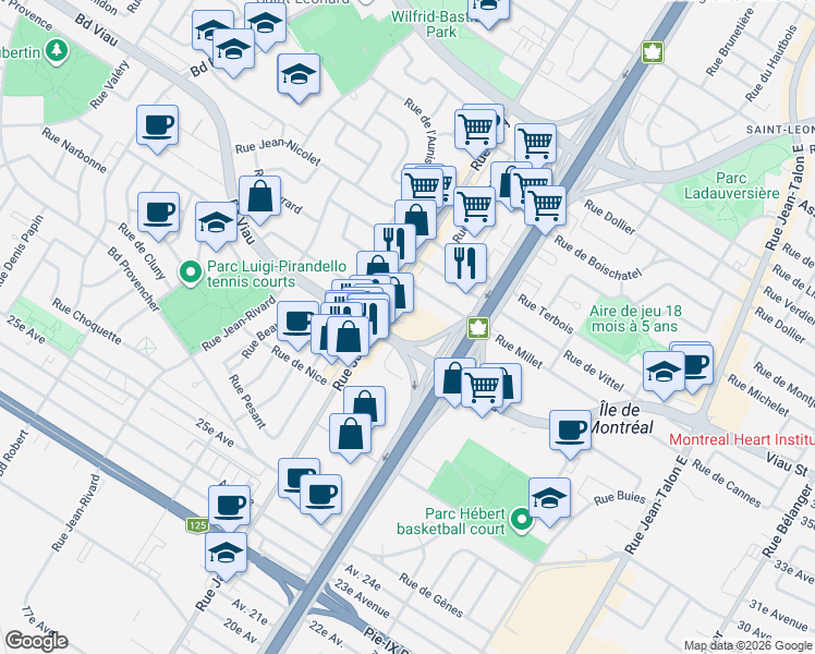 map of restaurants, bars, coffee shops, grocery stores, and more near 4750 Rue Jarry Est in Montréal