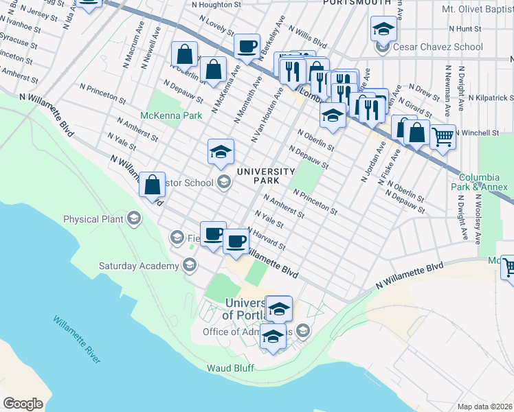 map of restaurants, bars, coffee shops, grocery stores, and more near 6914 North Portsmouth Avenue in Portland