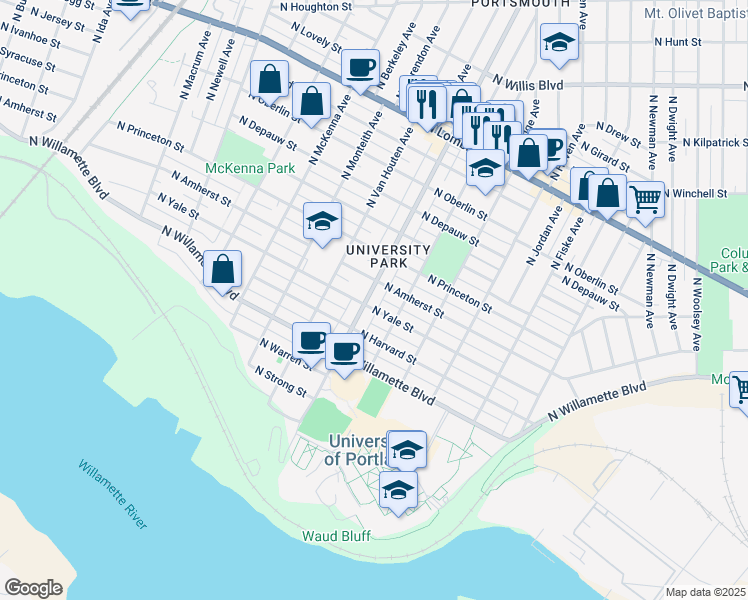 map of restaurants, bars, coffee shops, grocery stores, and more near 6914 North Portsmouth Avenue in Portland