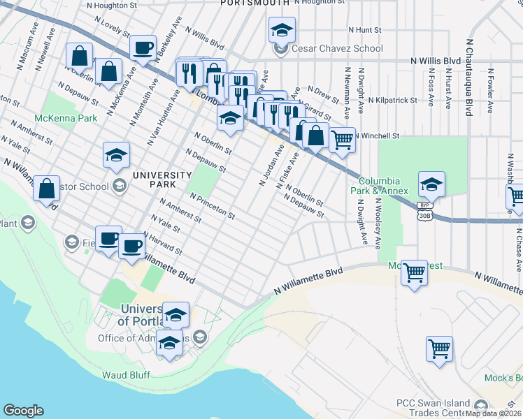 map of restaurants, bars, coffee shops, grocery stores, and more near 7132 North Jordan Avenue in Portland