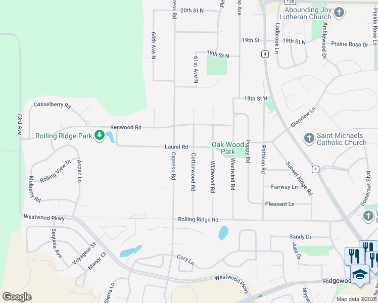 map of restaurants, bars, coffee shops, grocery stores, and more near 6204 Laurel Road in St. Cloud