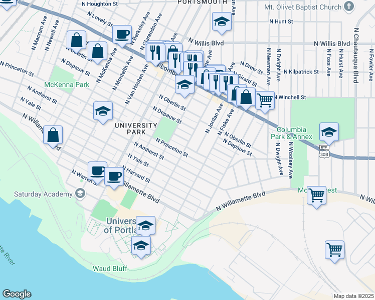 map of restaurants, bars, coffee shops, grocery stores, and more near 7106 North Haven Avenue in Portland