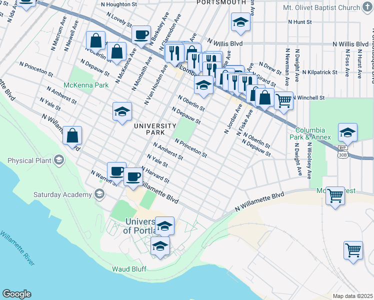 map of restaurants, bars, coffee shops, grocery stores, and more near 7038 North Hodge Avenue in Portland