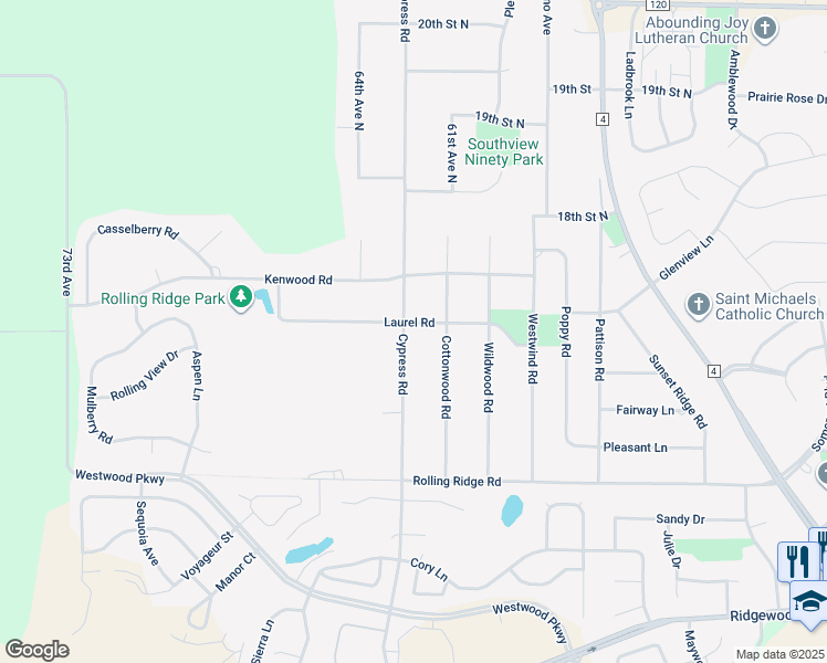 map of restaurants, bars, coffee shops, grocery stores, and more near 6216 Laurel Road in St. Cloud