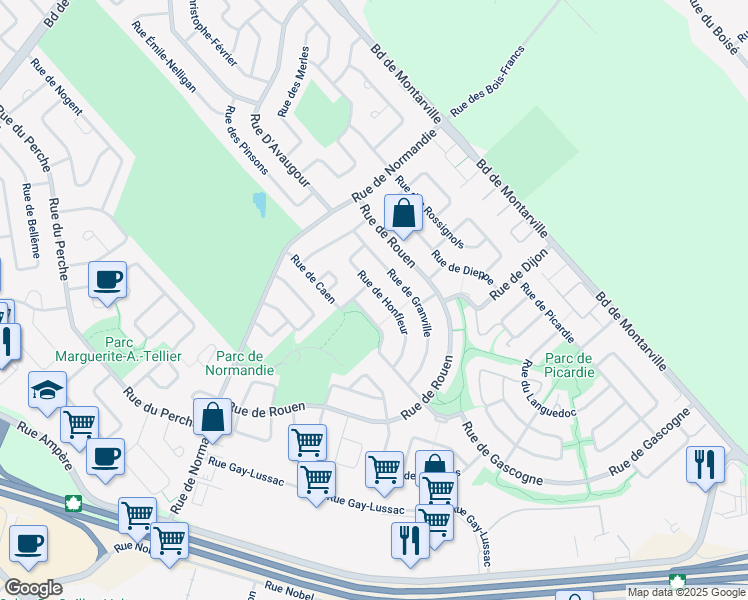 map of restaurants, bars, coffee shops, grocery stores, and more near 1222 Rue de Honfleur in Boucherville