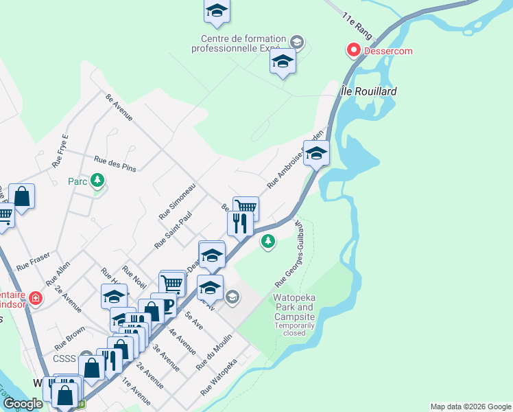 map of restaurants, bars, coffee shops, grocery stores, and more near 312 Rue Ambroise-Dearden in Windsor