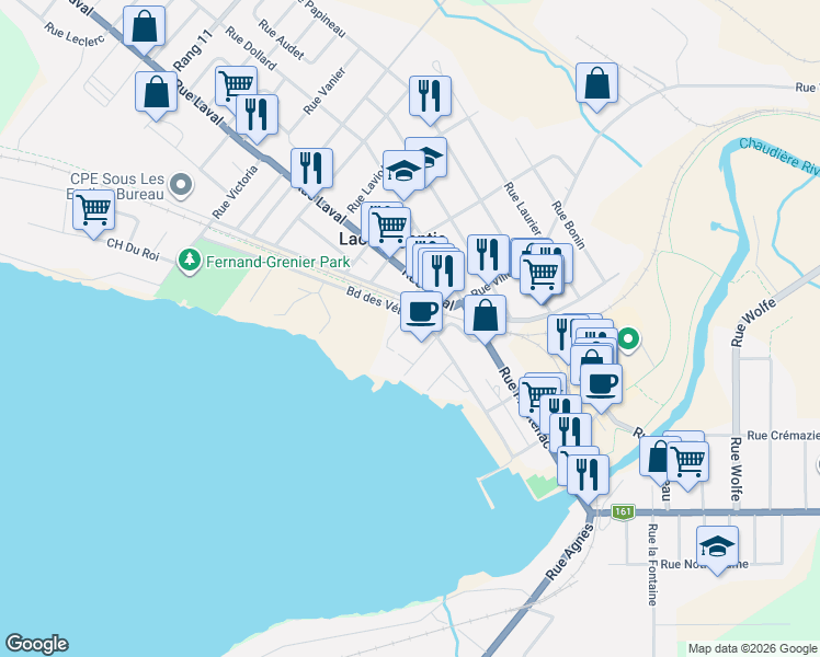map of restaurants, bars, coffee shops, grocery stores, and more near 4949 Boulevard des Vétérans in Lac-Mégantic