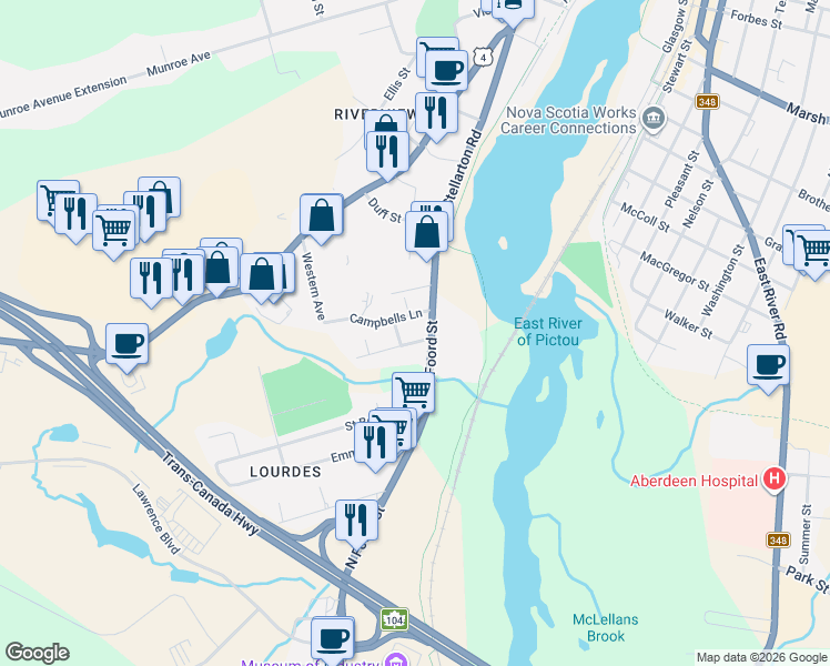 map of restaurants, bars, coffee shops, grocery stores, and more near 102 North Foord Street in New Glasgow