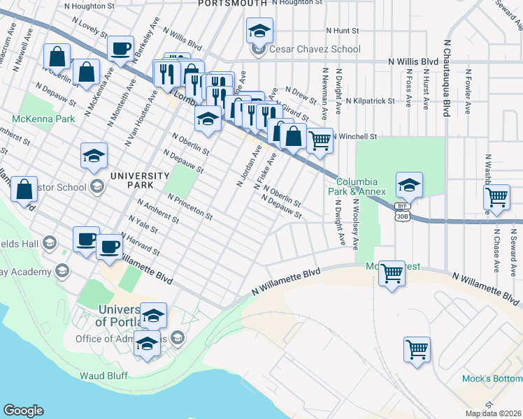 map of restaurants, bars, coffee shops, grocery stores, and more near 4769N North Syracuse Street in Portland