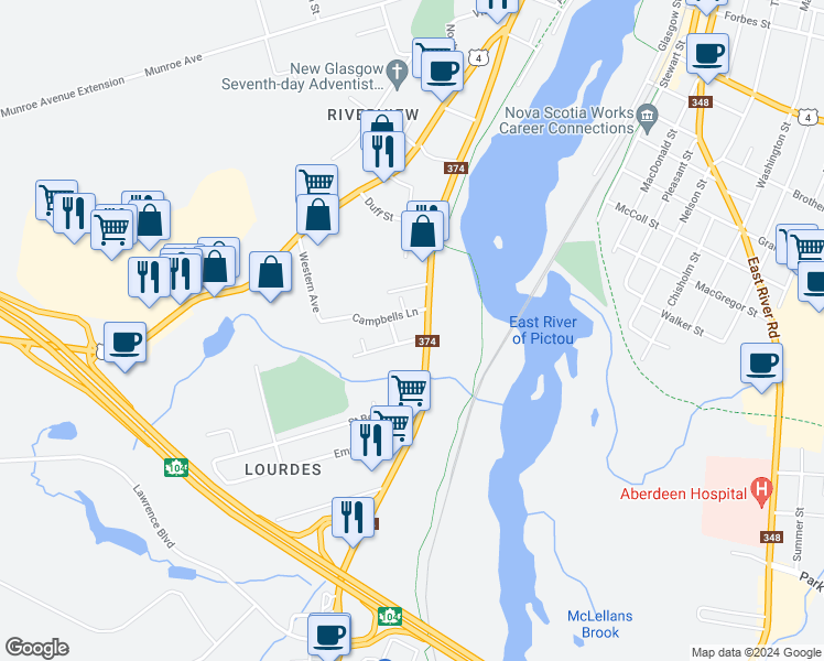 map of restaurants, bars, coffee shops, grocery stores, and more near 102 North Foord Street in New Glasgow