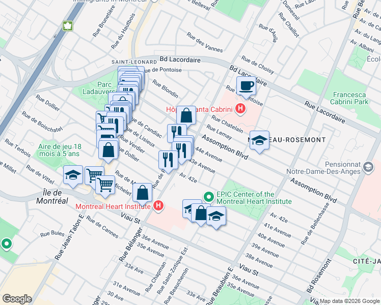 map of restaurants, bars, coffee shops, grocery stores, and more near 5388 Rue Bélanger in Montréal