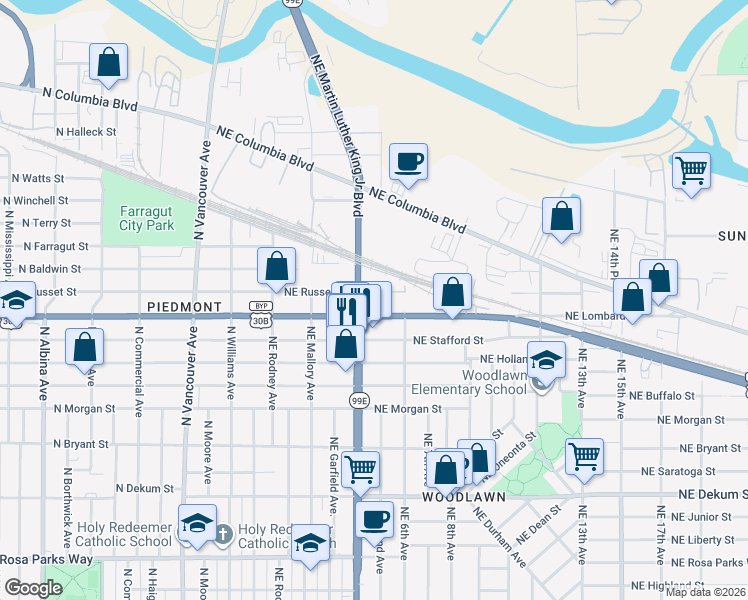 map of restaurants, bars, coffee shops, grocery stores, and more near 7510 Northeast Martin Luther King Junior Boulevard in Portland