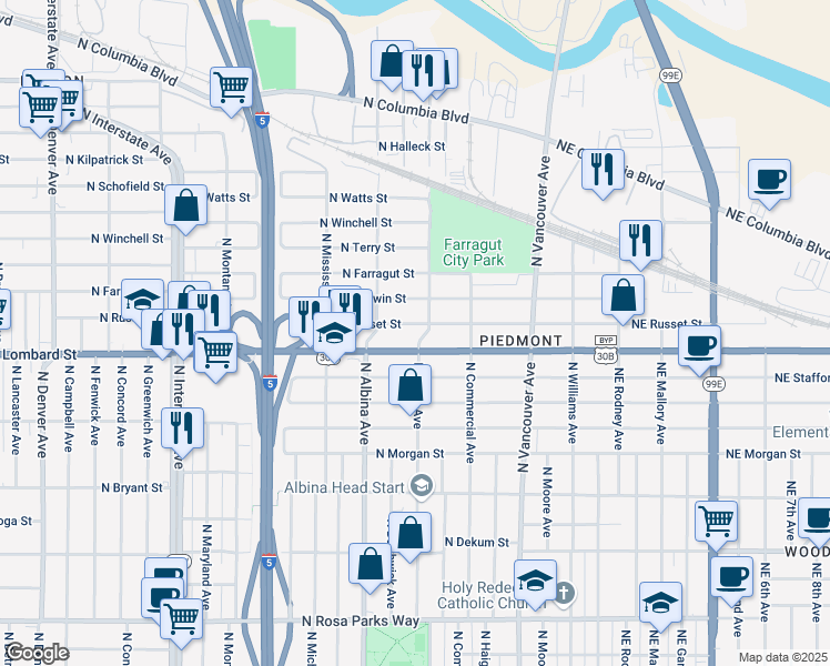 map of restaurants, bars, coffee shops, grocery stores, and more near 7511 North Kerby Avenue in Portland