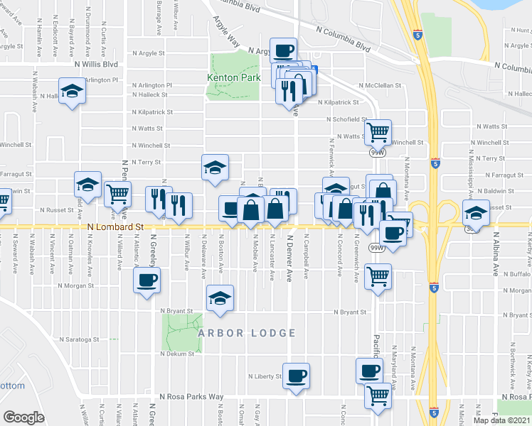 map of restaurants, bars, coffee shops, grocery stores, and more near 7501 North Chatham Avenue in Portland