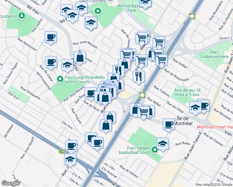 map of restaurants, bars, coffee shops, grocery stores, and more near 4750 Rue Jarry Est in Montréal
