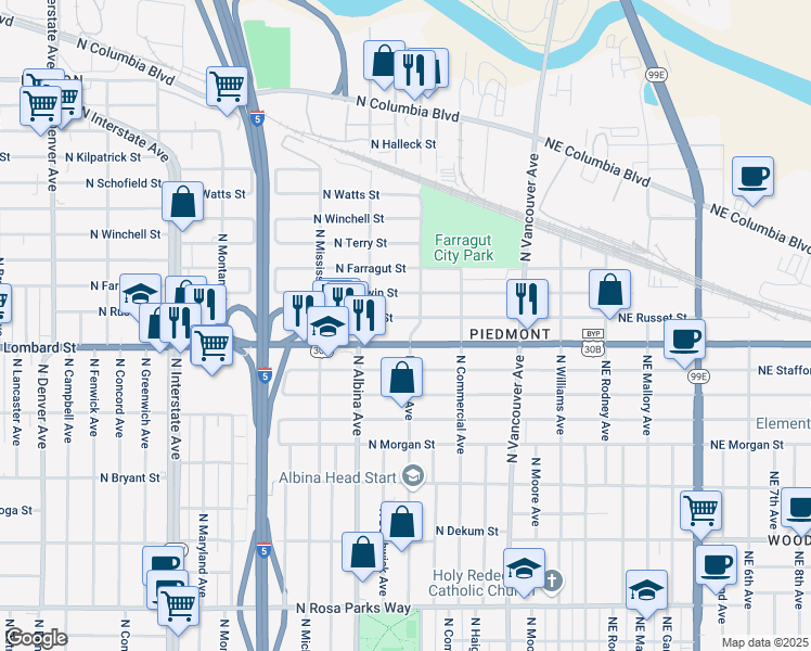 map of restaurants, bars, coffee shops, grocery stores, and more near 7511 North Kerby Avenue in Portland