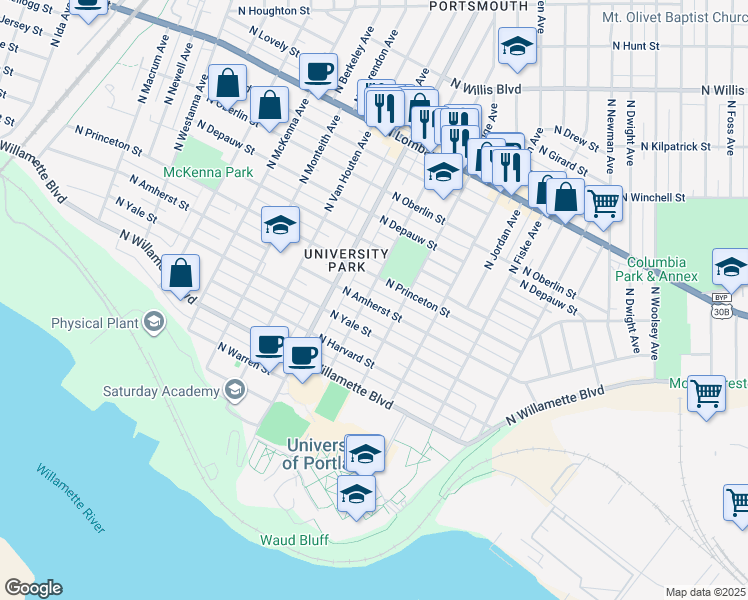 map of restaurants, bars, coffee shops, grocery stores, and more near 5230 North Amherst Street in Portland