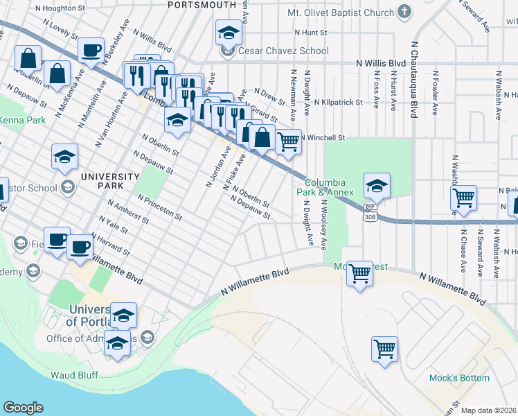map of restaurants, bars, coffee shops, grocery stores, and more near 4731 North Depauw Street in Portland
