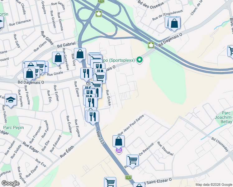 map of restaurants, bars, coffee shops, grocery stores, and more near 399 Rue Éricka in Laval