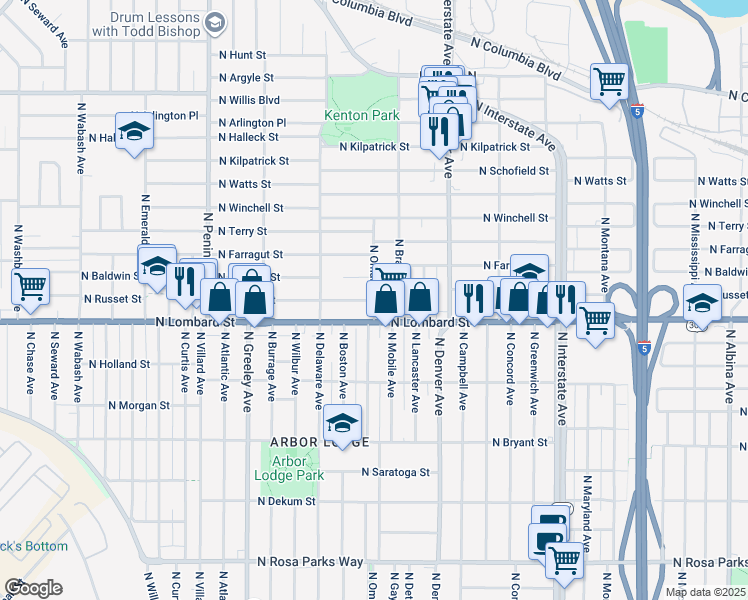 map of restaurants, bars, coffee shops, grocery stores, and more near N Russet St in Portland