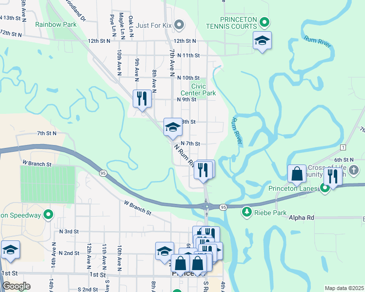 map of restaurants, bars, coffee shops, grocery stores, and more near 604 North Rum River Drive in Princeton