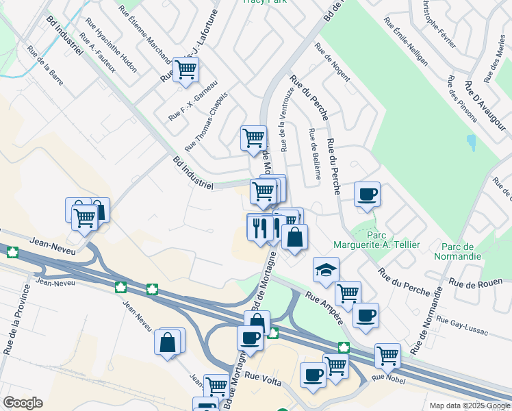 map of restaurants, bars, coffee shops, grocery stores, and more near 141b Boulevard de Mortagne in Boucherville