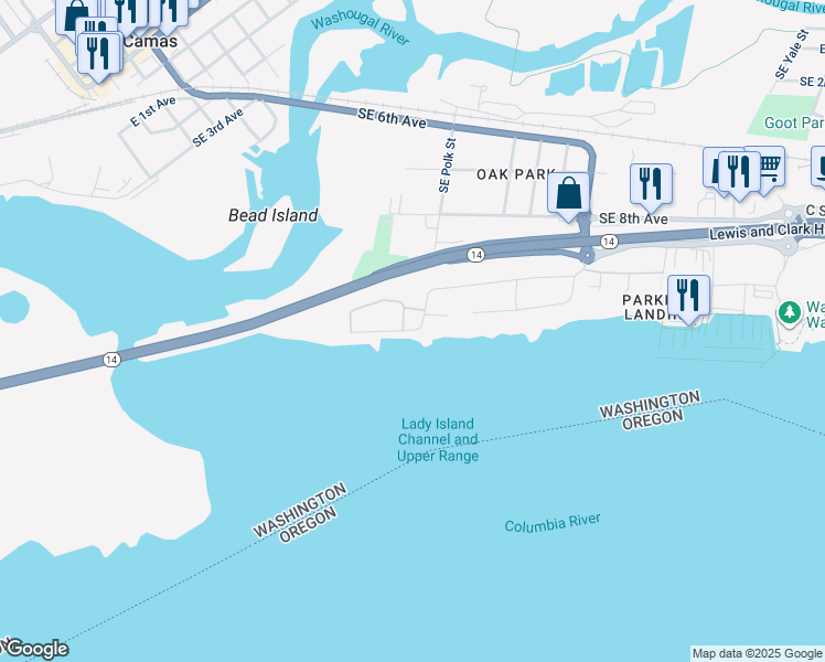 map of restaurants, bars, coffee shops, grocery stores, and more near 1298 Southeast Polk Street in Camas