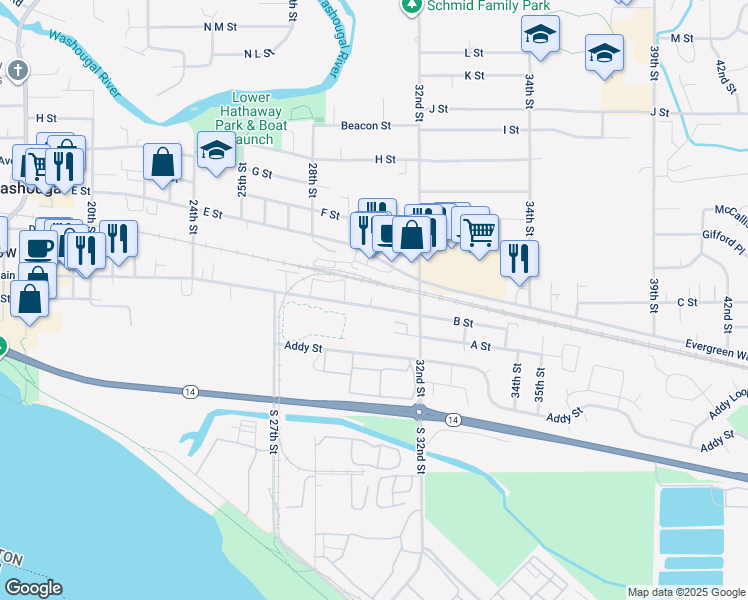 map of restaurants, bars, coffee shops, grocery stores, and more near 3039 Main Street in Washougal