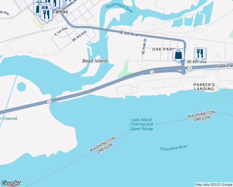 map of restaurants, bars, coffee shops, grocery stores, and more near 1298 Southeast Polk Street in Camas
