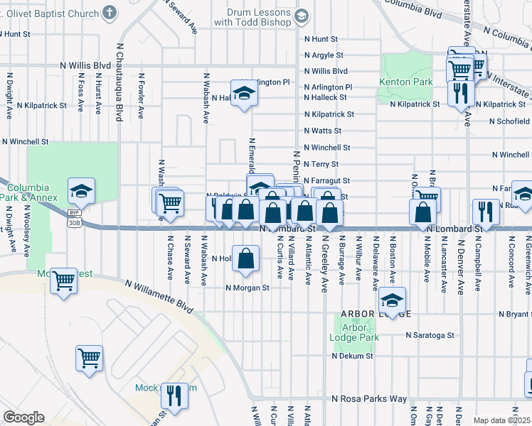map of restaurants, bars, coffee shops, grocery stores, and more near 7520 North Drummond Avenue in Portland