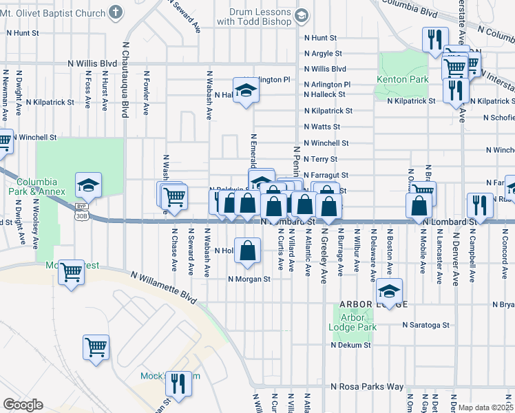 map of restaurants, bars, coffee shops, grocery stores, and more near 3233 North Lombard Street in Portland
