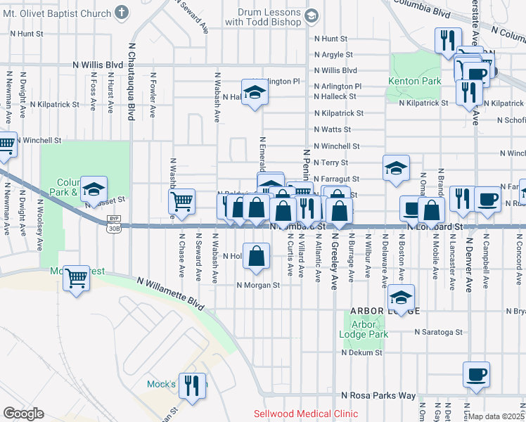 map of restaurants, bars, coffee shops, grocery stores, and more near 3233 North Lombard Street in Portland