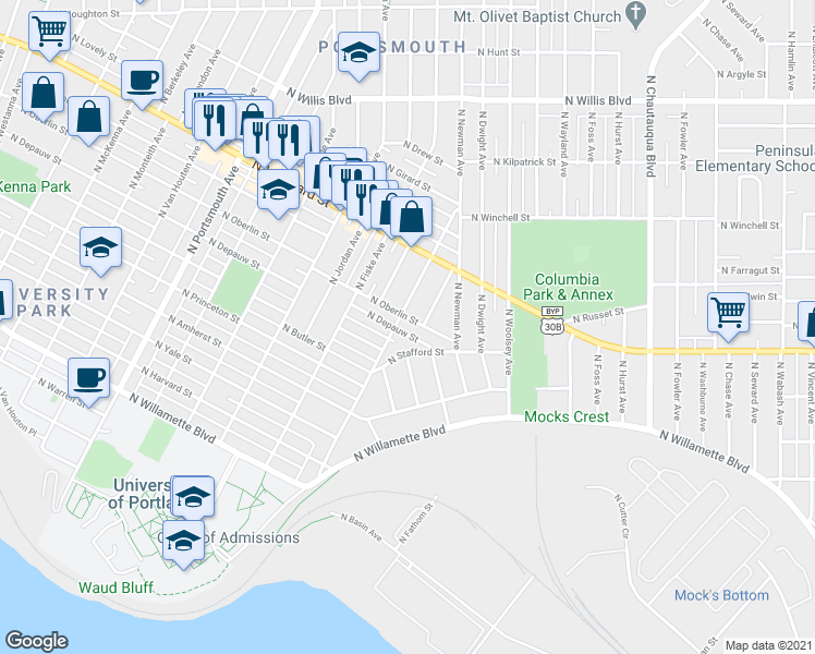 map of restaurants, bars, coffee shops, grocery stores, and more near 7222 North Olin Avenue in Portland