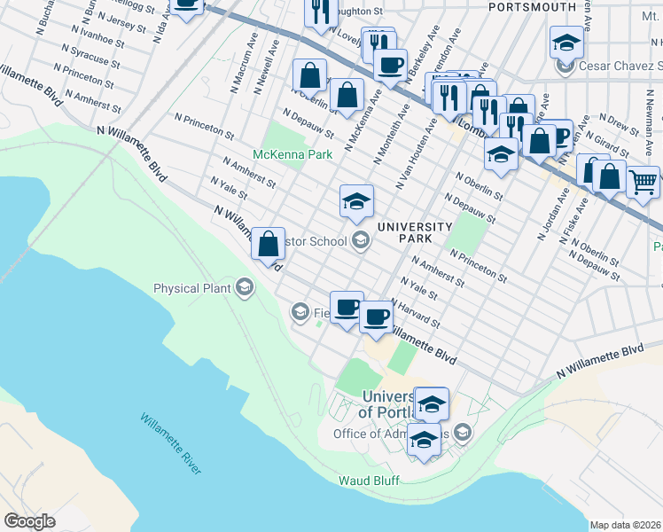 map of restaurants, bars, coffee shops, grocery stores, and more near 6728 North Monteith Avenue in Portland