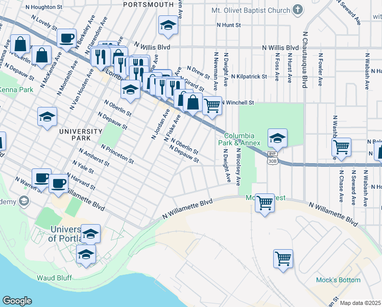 map of restaurants, bars, coffee shops, grocery stores, and more near 7222 North Olin Avenue in Portland